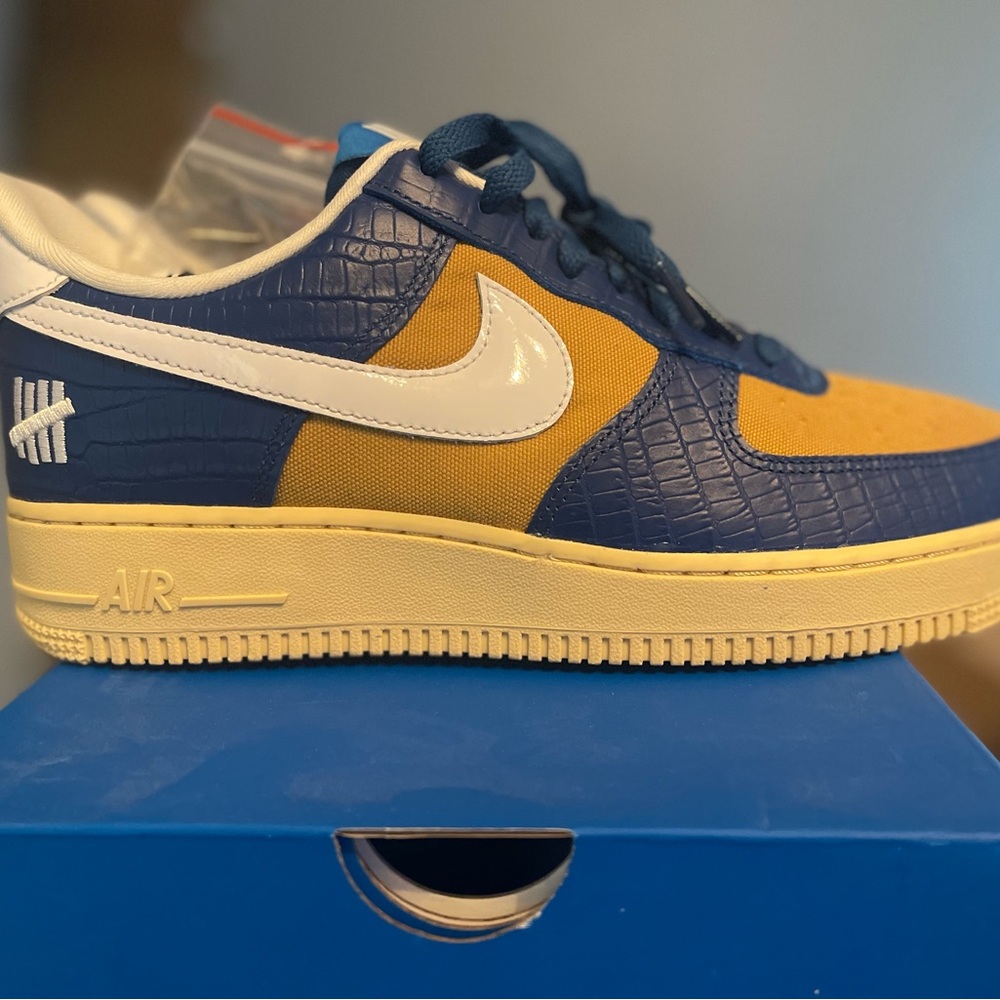 Nike x Undefeated Air Force 1 5 on it blue yellow croc